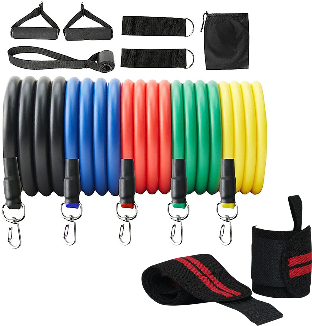 Fitness Combo of 11-In-1 Resistance Bands Set with Wrist Supports