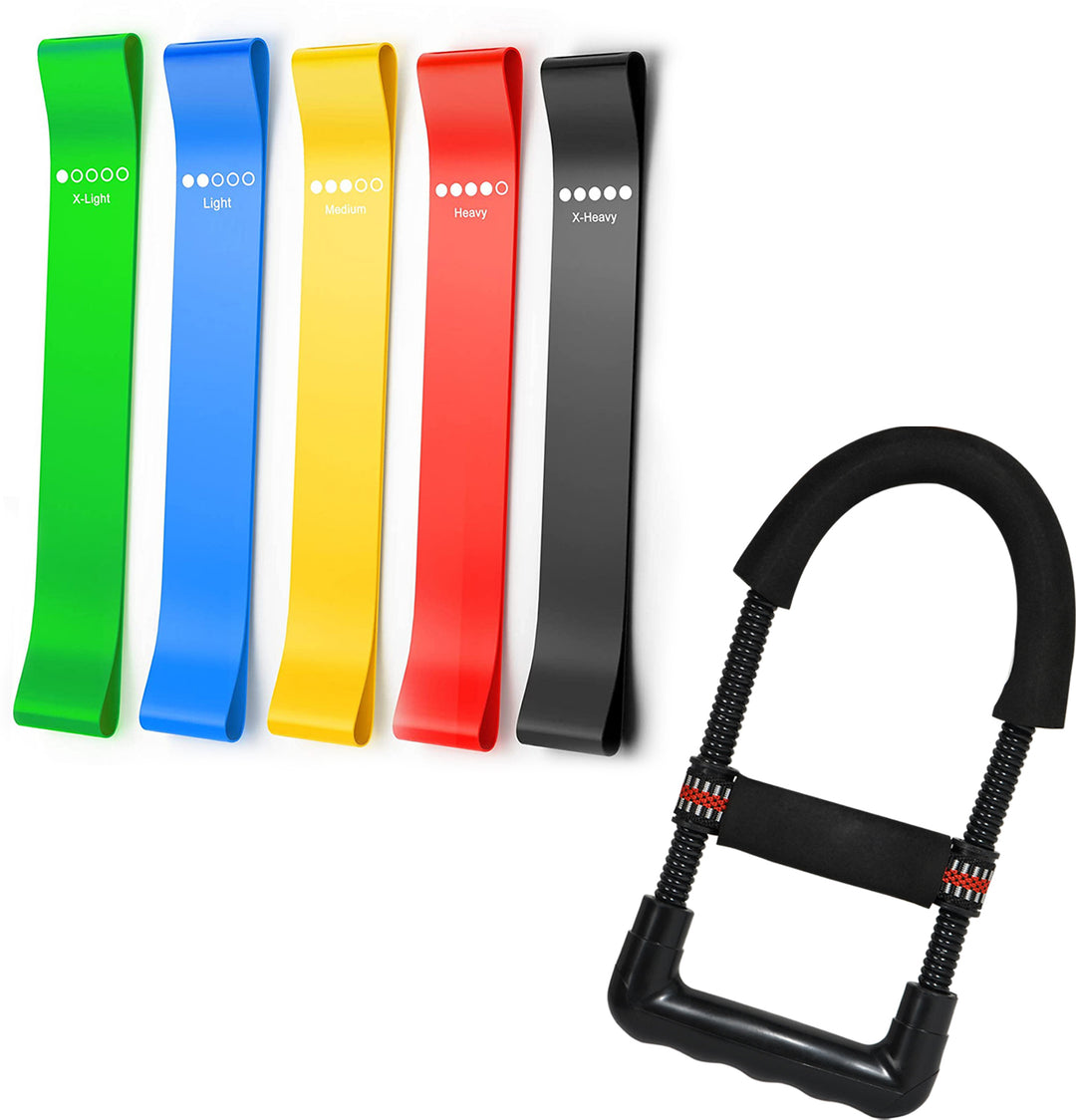 Fitness Combo Pack of Loop Bands Set of 5 & Wrist Exerciser for Workout
