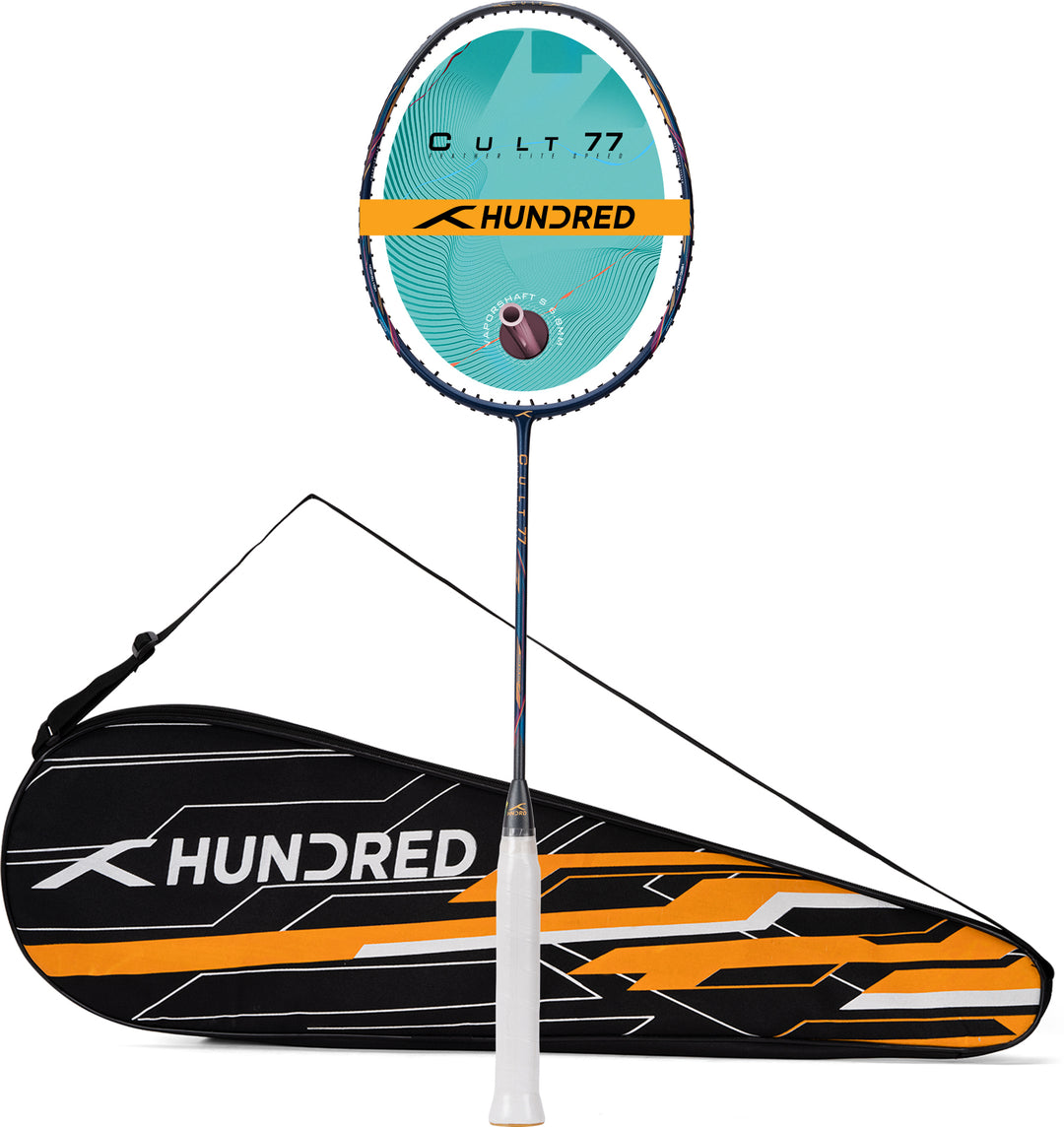 Hundred Cult 77 Featherlite Swings Unstrung Badminton Racquet (Blue / Grey)