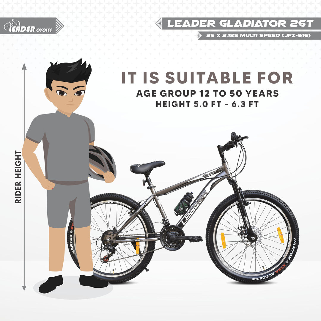 Gladiator 26TT Multi-Speed 21-Speed Cycle with Front Suspension and Disc Brake - 26 T Hybrid Cycle City Bike 21 Gear - Grey