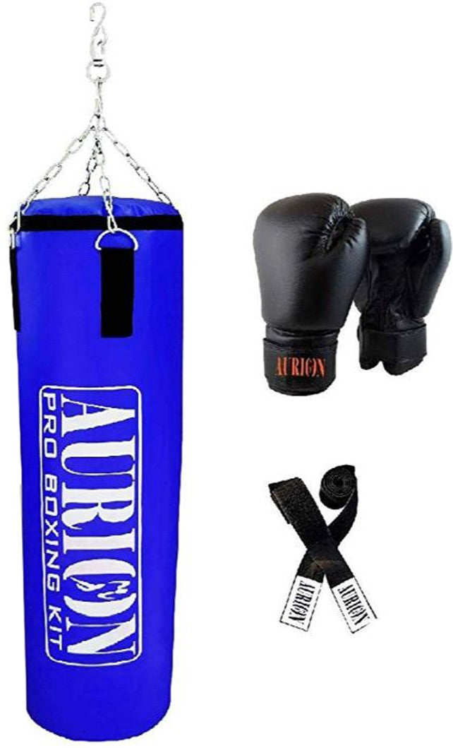 Aurion by 10Club Black 4 Feet (48 Inches) Unfilled Synthetic Leather Boxing Punching Bag | One Pair of 12 Oz Boxing Gloves | Hanging Chain | MMA | Kickboxing | Muay Thai | Taekwondo | Self Defence Training