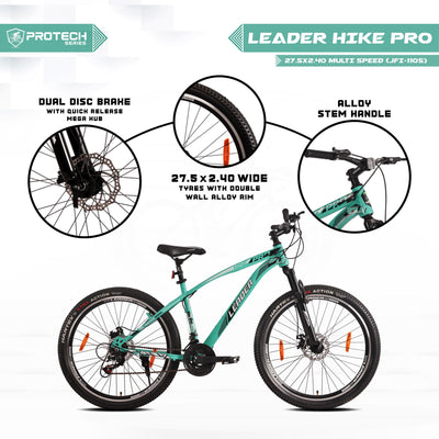 Hike Pro 27.5T 21-Speed MTB Cycle with Dual Disc Brake and Front Suspension - 27.5 T Hybrid Cycle City Bike 21 Gear - Green