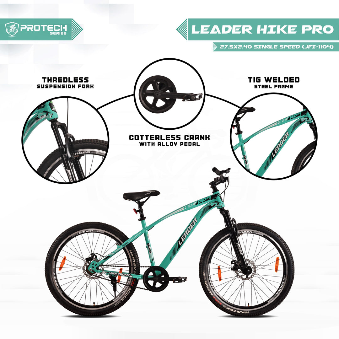 Hike Pro 27.5T Single-Speed MTB Cycle with Dual Disc Brake and Front Suspension - 27.5 T Hybrid Cycle City Bike Single Speed - Green