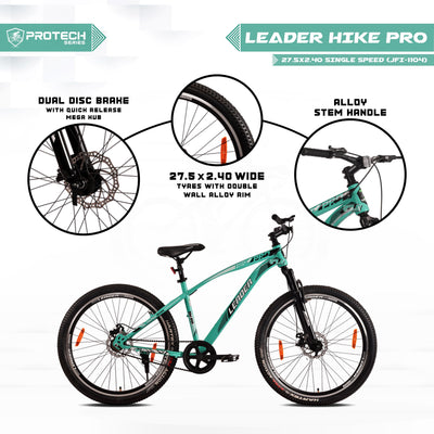 Hike Pro 27.5T Single-Speed MTB Cycle with Dual Disc Brake and Front Suspension - 27.5 T Hybrid Cycle City Bike Single Speed - Green