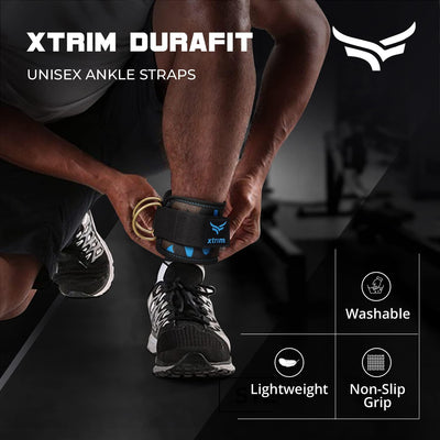XTRIM Durafit Unisex Stylish Ankle Straps with Metal D-Rings for Cable Machine, Kickbacks and Glutes Workouts | Adjustable Ankle Straps | Curls & Hip Abductors with Padded Neoprene Support - Blue - Kriya Fit