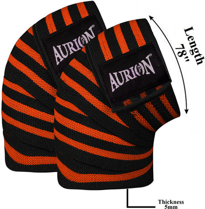 Aurion by 10Club Knee Wraps - 1Pair (Orange-Black 78 Inches | 199 cm) | Cross Training Gym Workout Weightlifting | Knee Straps for Squats | for Men & Women | 78"-Compression and Elastic Support | Weightlifting