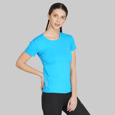 Solid Women Round Neck Blue T-Shirt (Teal)