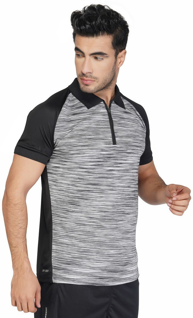 Self Design | Striped Men Polo Neck Black T-Shirt