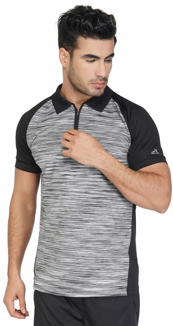 Self Design | Striped Men Polo Neck Black T-Shirt