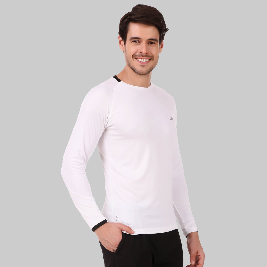 Solid Men Round Neck White T-Shirt  (Full Sleeve/Round Neck)