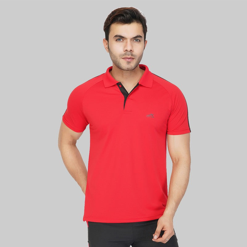 Striped Men Polo Neck Red T-Shirt (Red)(Casual)