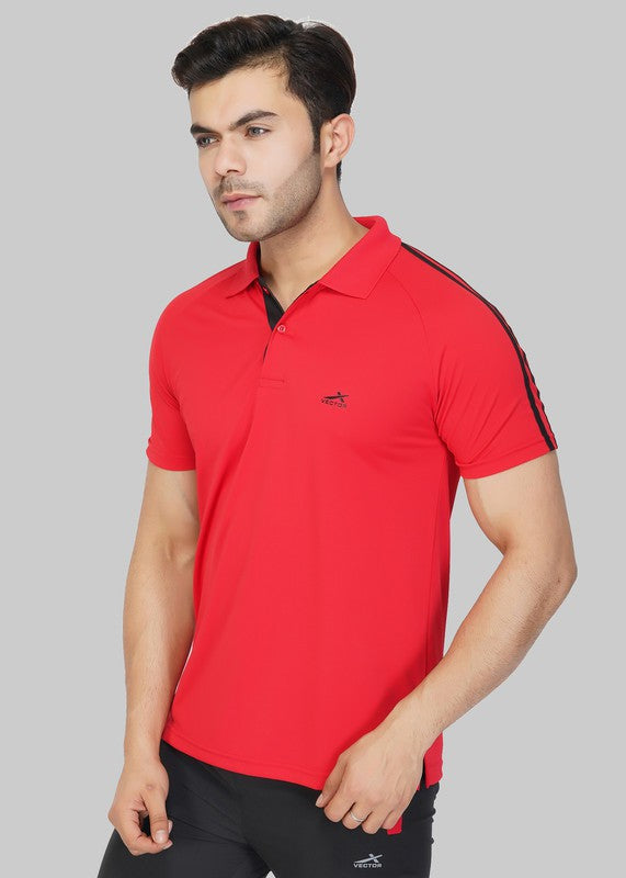 Striped Men Polo Neck Red T-Shirt (Red)(Casual)