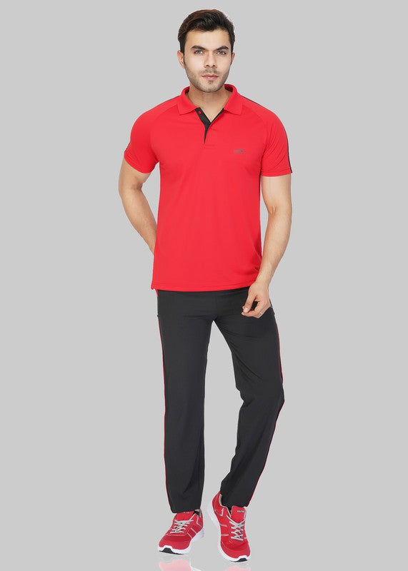 Striped Men Polo Neck Red T-Shirt (Red)(Casual)