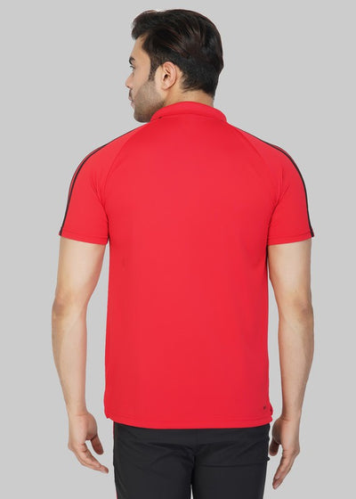 Striped Men Polo Neck Red T-Shirt (Red)(Casual)