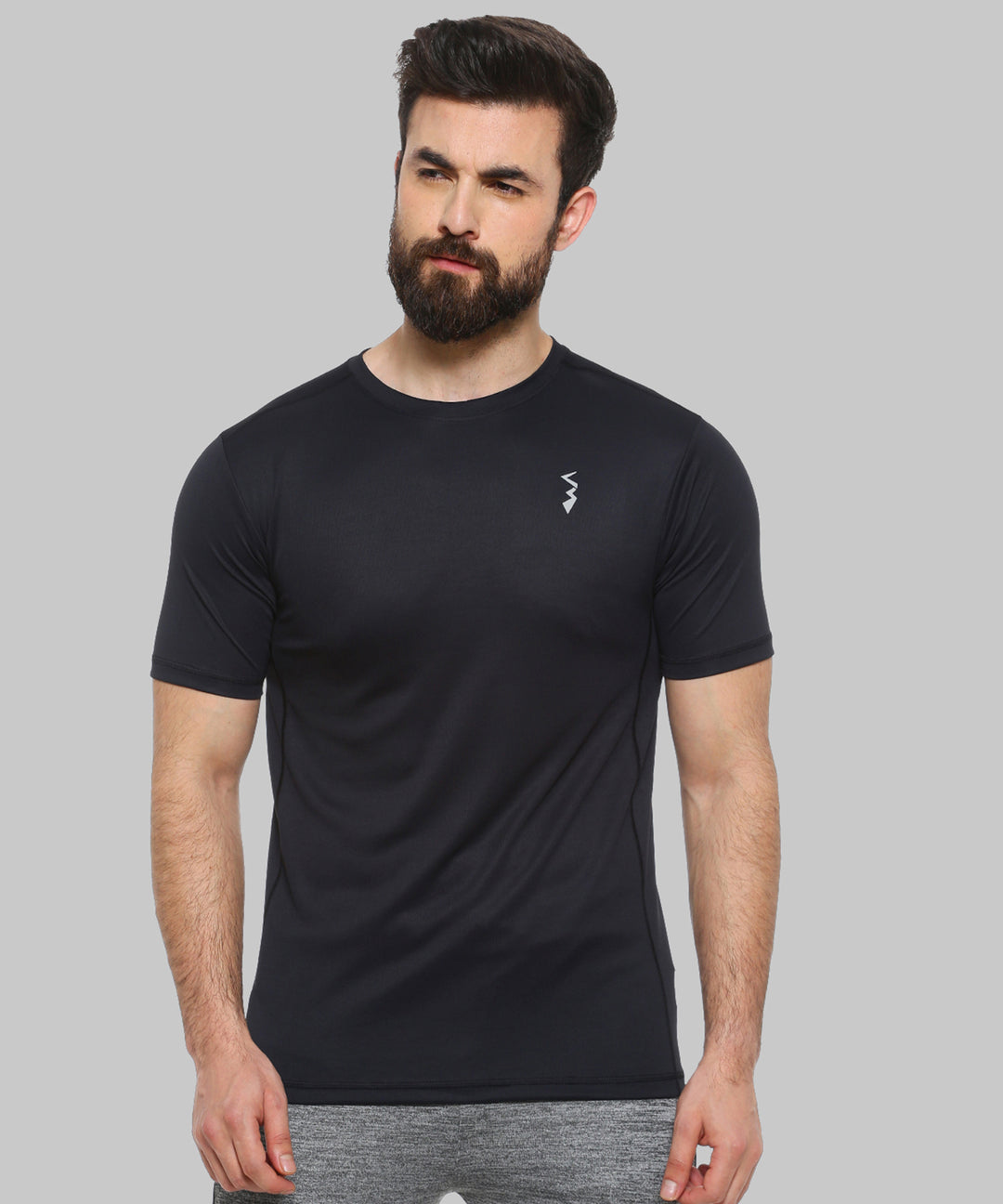 Black Men Solid Polyester Sports Tshirt Round Neck