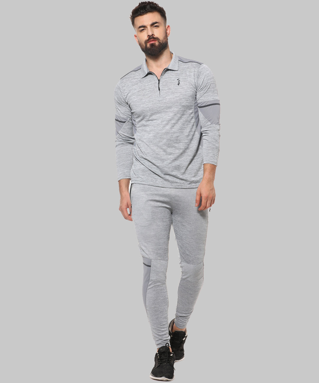 Grey Men Printed Polyester Sports Tshirt Polo Neck