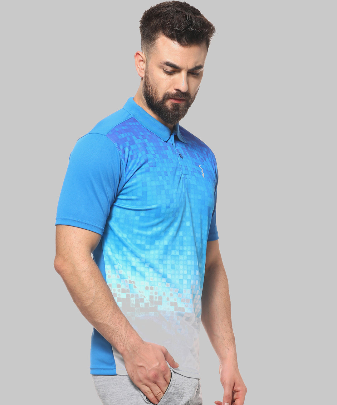 Blue Men Printed Polyester Sports Tshirt Polo Neck