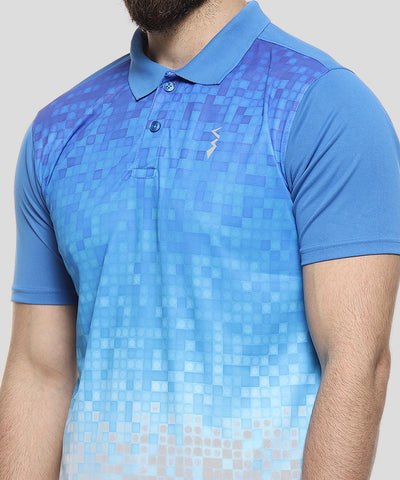 Blue Men Printed Polyester Sports Tshirt Polo Neck