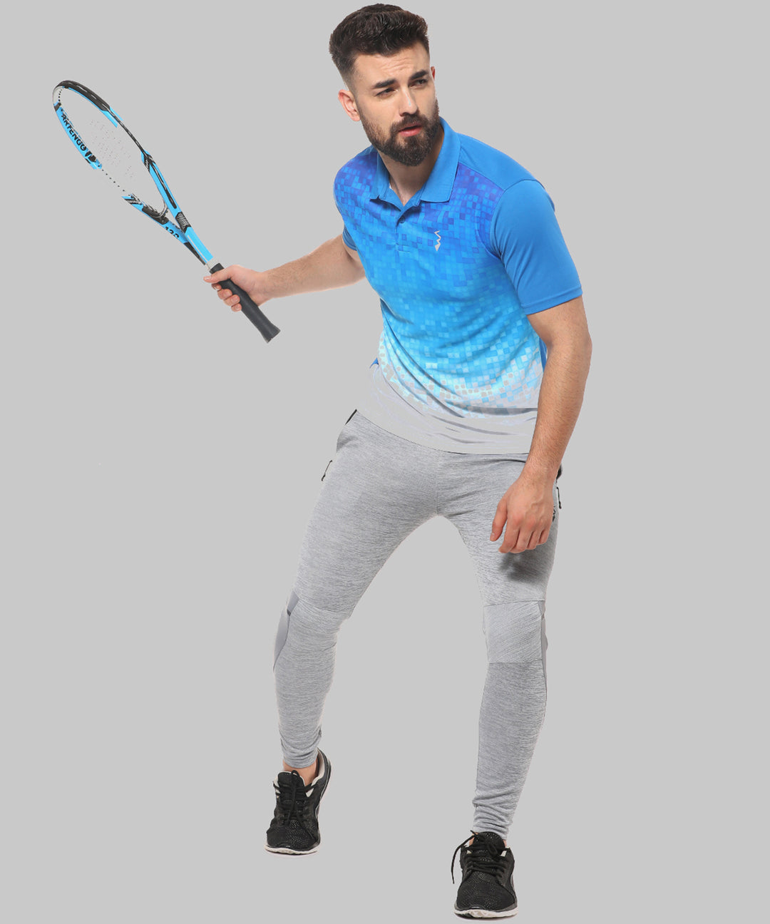 Blue Men Printed Polyester Sports Tshirt Polo Neck