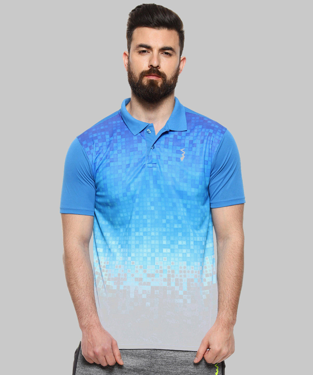 Blue Men Printed Polyester Sports Tshirt Polo Neck