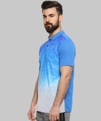 Blue Men Printed Polyester Sports Tshirt Polo Neck