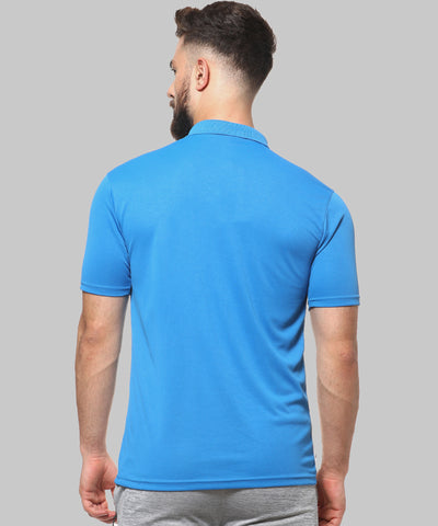 Blue Men Printed Polyester Sports Tshirt Polo Neck