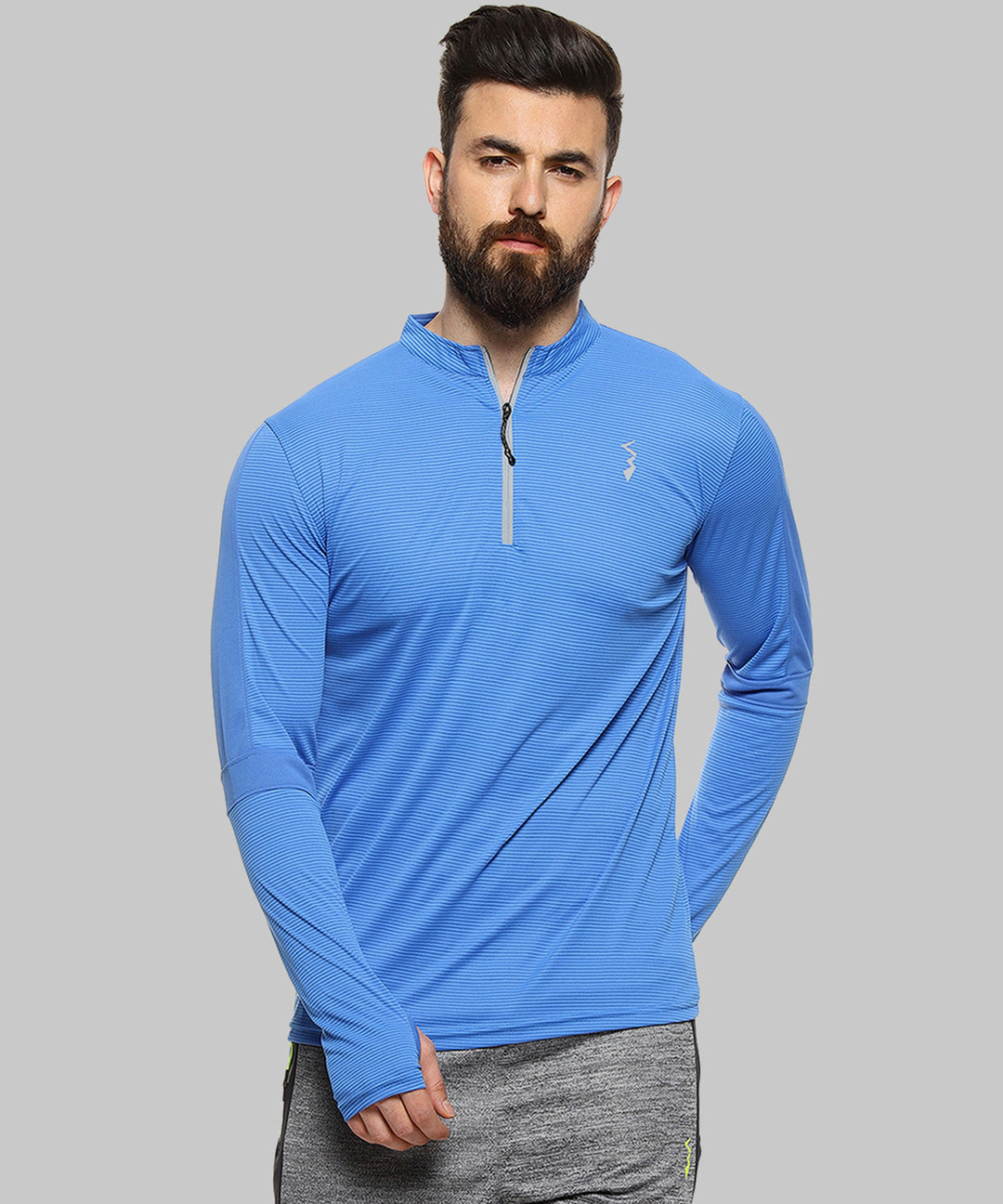 Blue Men Striped Polyester Sports Tshirt Mandarin Collar