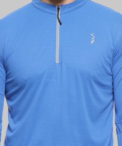 Blue Men Striped Polyester Sports Tshirt Mandarin Collar