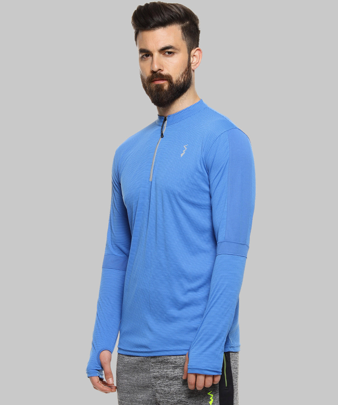 Blue Men Striped Polyester Sports Tshirt Mandarin Collar
