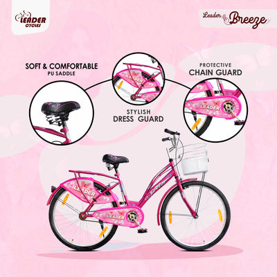 Ladybird Breeze 26T Bicycle for Girls/Women with Basket and Integrated Carrier - 26 T Girls Cycle/Women's Cycle, Single Speed, Pink