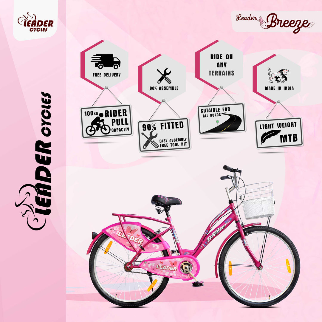 Ladybird Breeze 26T Bicycle for Girls/Women with Basket and Integrated Carrier - 26 T Girls Cycle/Women's Cycle, Single Speed, Pink