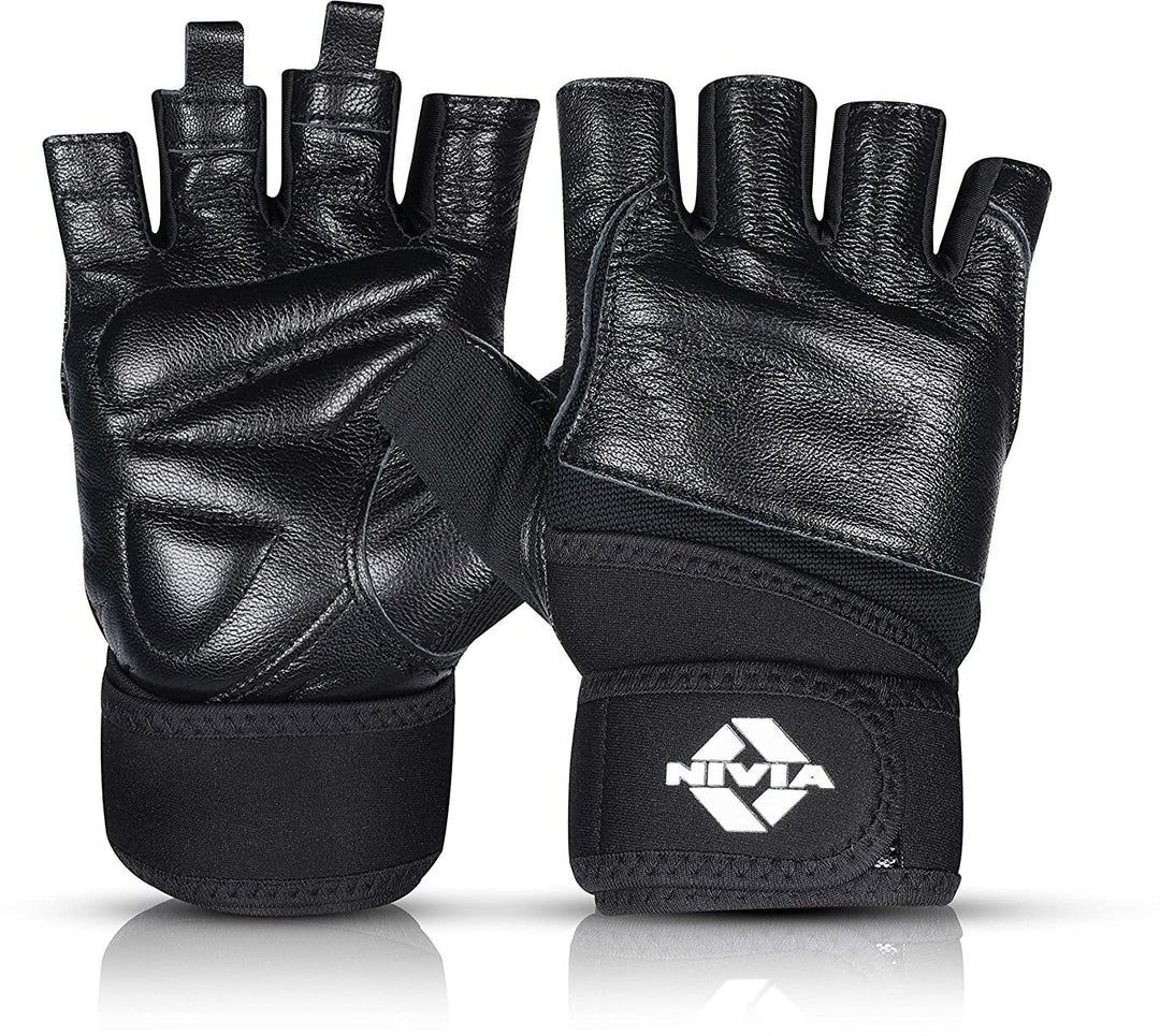 Venom Sports Gloves/Genuine Leather with Neoprene Strap/Impact Foam for Palm Protection/Half Finger Length Weight Lifting Gloves - Large (Black)