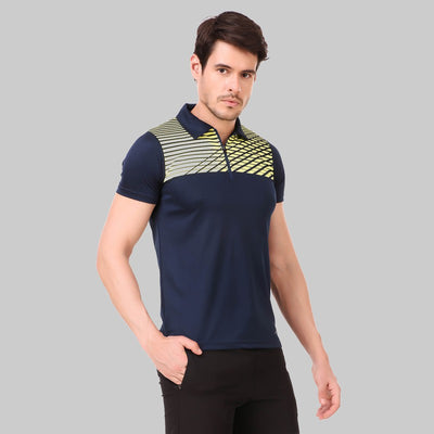 Striped Men Polo Neck Navy Blue T-Shirt (Navy Blue/Casual)