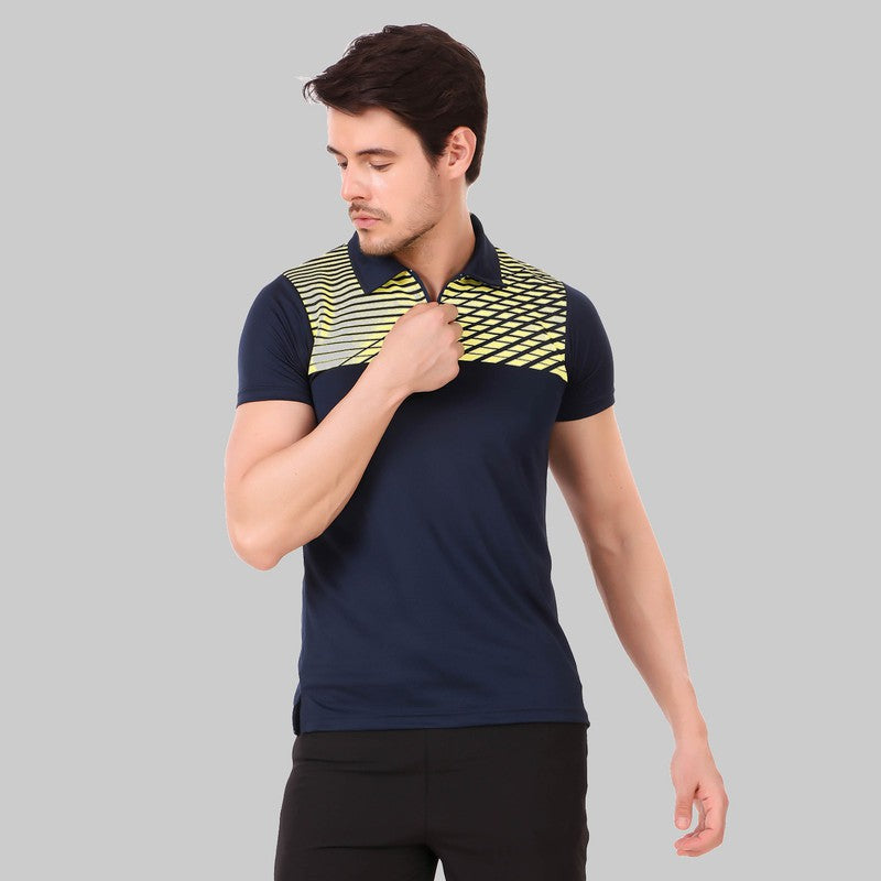 Striped Men Polo Neck Navy Blue T-Shirt (Navy Blue/Casual)