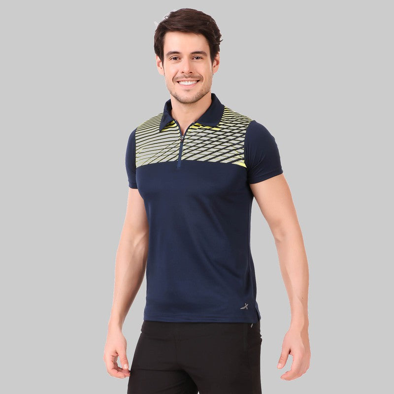 Striped Men Polo Neck Navy Blue T-Shirt (Navy Blue/Casual)