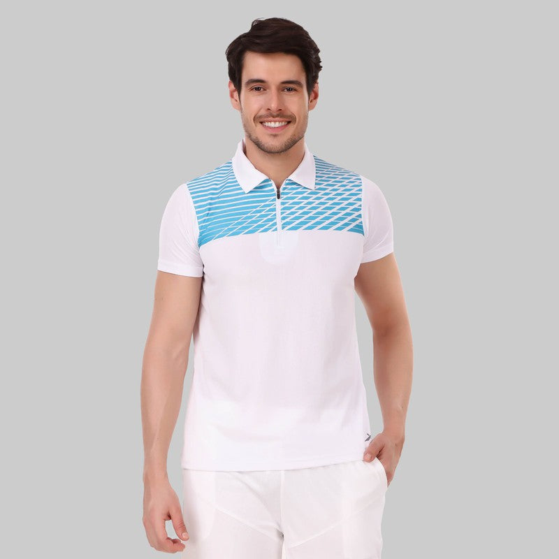 Striped Men Polo Neck White T-Shirt (White/Polyster)