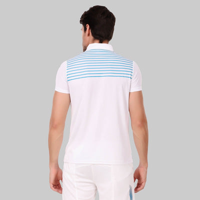 Striped Men Polo Neck White T-Shirt (White/Polyster)