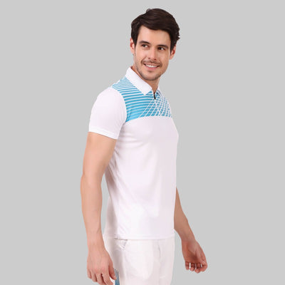 Striped Men Polo Neck White T-Shirt (White/Polyster)