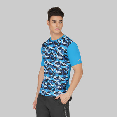 Printed Men Round Neck Blue T-Shirt (Blue/Short Sleeve)