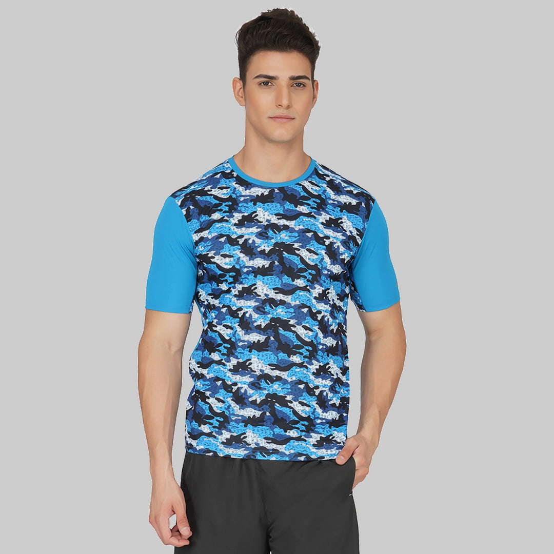 Printed Men Round Neck Blue T-Shirt (Blue/Short Sleeve)