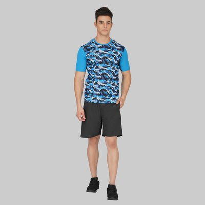 Printed Men Round Neck Blue T-Shirt (Blue/Short Sleeve)