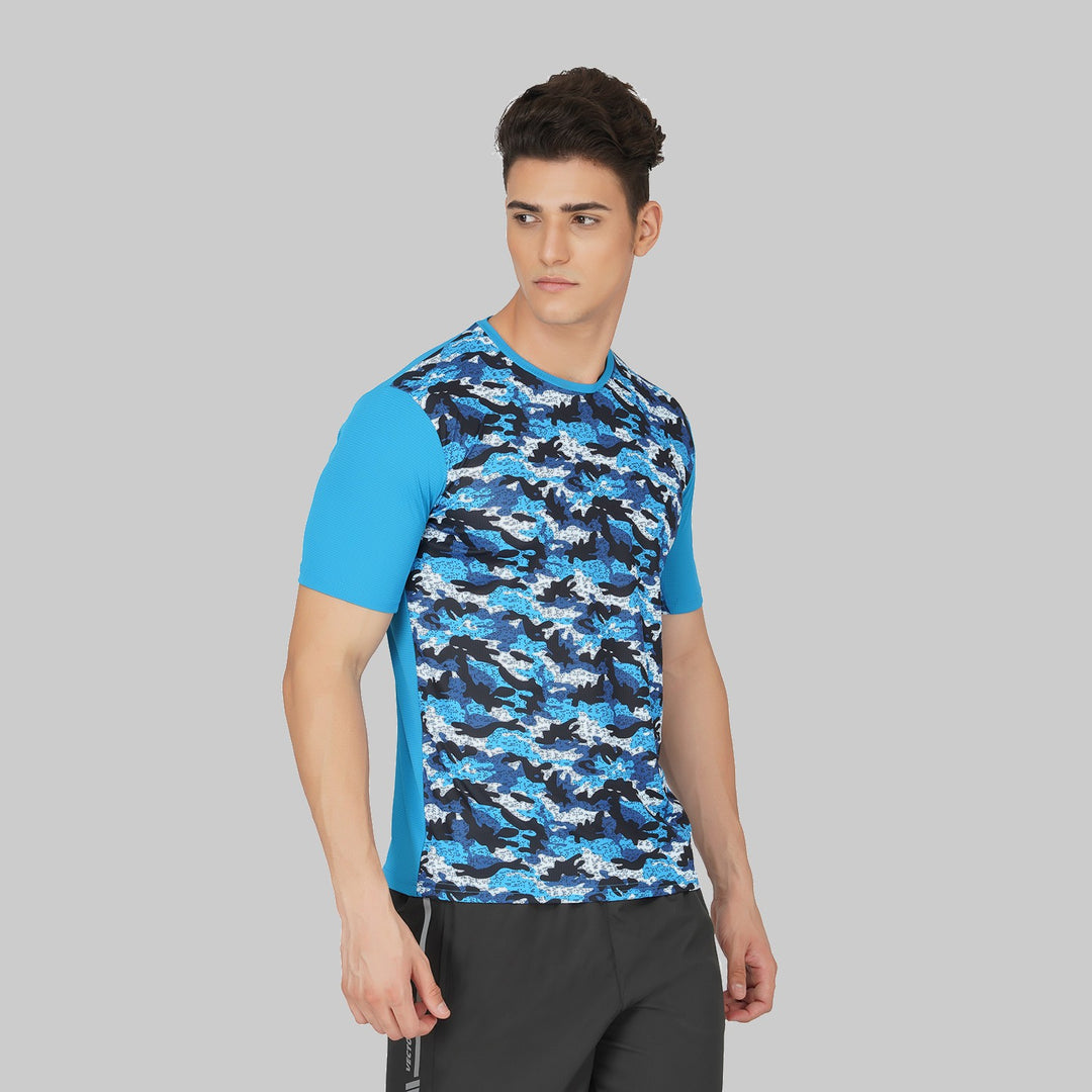 Printed Men Round Neck Blue T-Shirt (Blue/Short Sleeve)