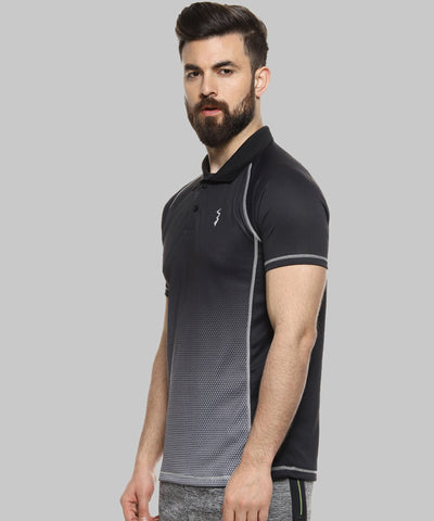 Black Men Solid Polyester Sports Tshirt Polo Neck