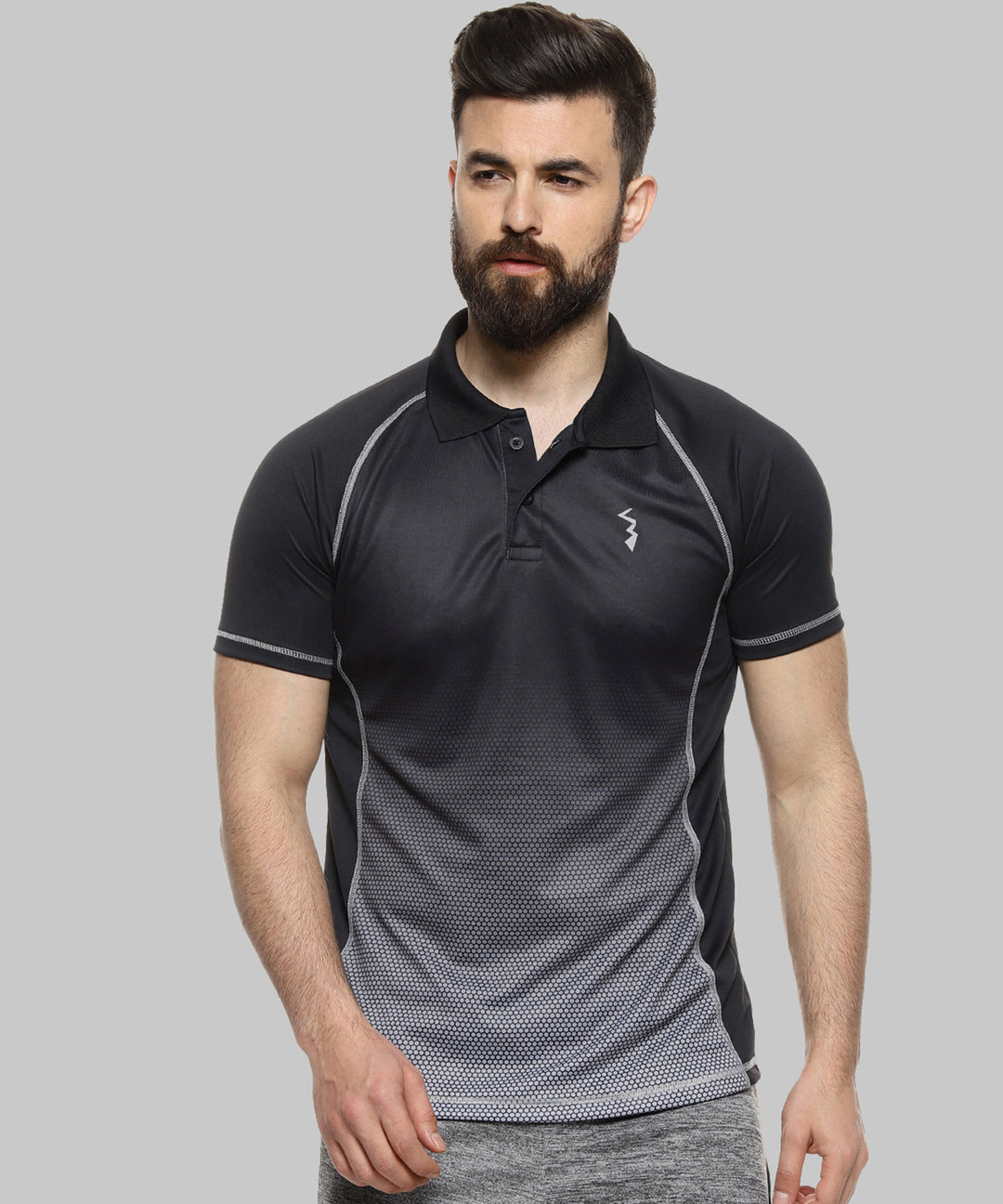 Black Men Solid Polyester Sports Tshirt Polo Neck