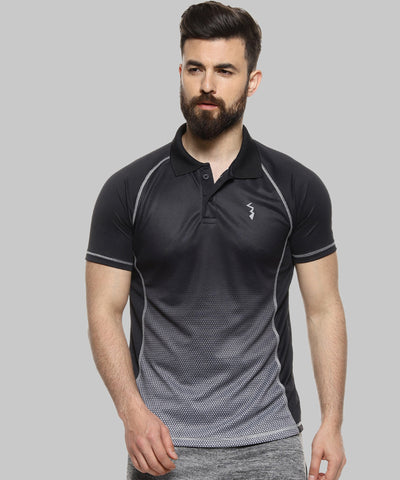 Black Men Solid Polyester Sports Tshirt Polo Neck