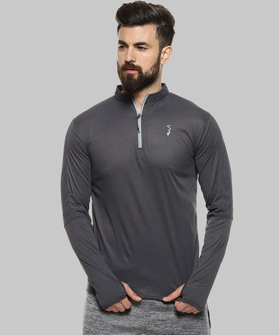 Grey Men Solid Polyester Sports Tshirt Mandarin Collar