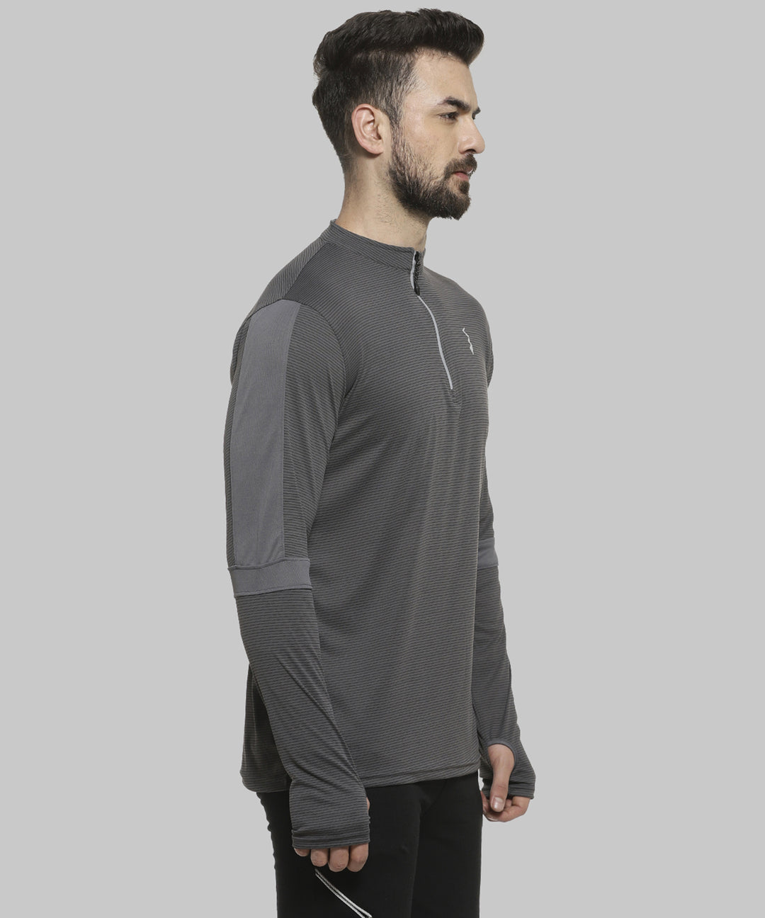 Grey Men Solid Polyester Sports Tshirt Mandarin Collar