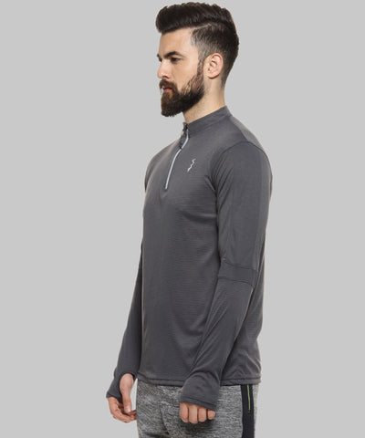 Grey Men Solid Polyester Sports Tshirt Mandarin Collar