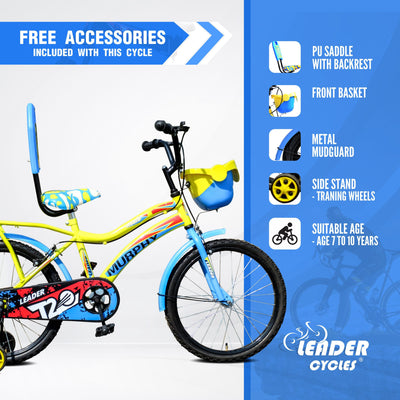 Murphy 20T Kids Cycle with Training Wheels for Age Group 5 to 9 Years, 20" Road Cycle, Single Speed, Yellow-Blue