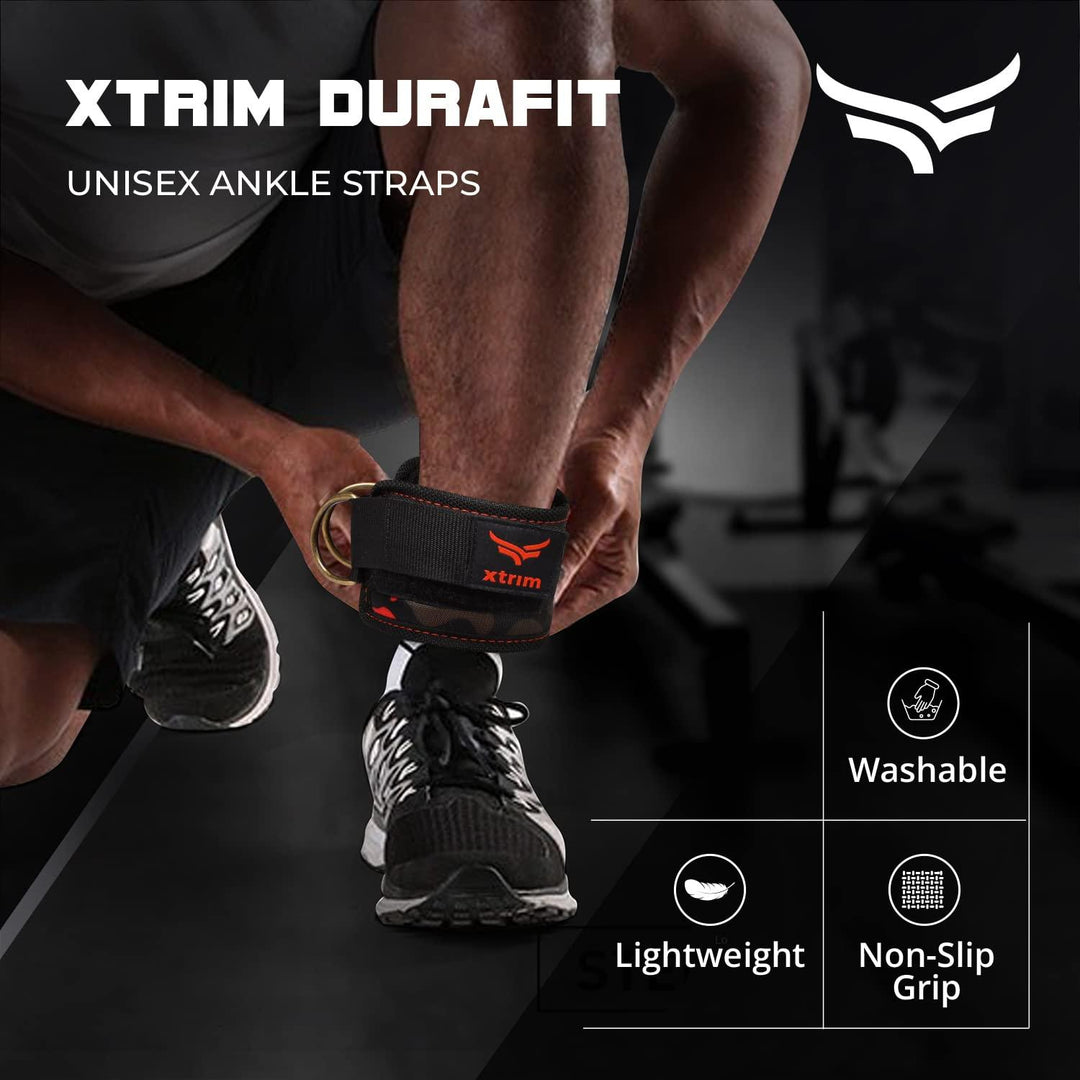 XTRIM Durafit Unisex Stylish Ankle Straps with Metal D-Rings for Cable Machine, Kickbacks and Glutes Workouts | Adjustable Ankle Straps | Curls & Hip Abductors with Padded Neoprene Support - Orange - Kriya Fit